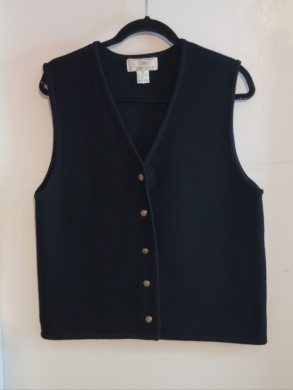Lisa International Vintage Black Boiled Wool Button Front Vest